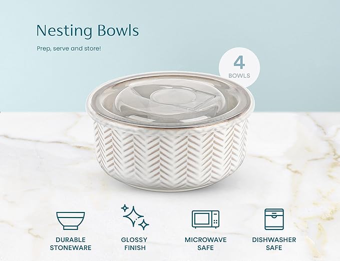 KooK Serving Bowls, with Lids, Ceramic Mixing Bowls, Nesting, Set of 4, Embossed, Kitchen, Prep, Stackable, Mix, Gift, Microwave and Dishwasher Safe, 10/16/29/47 oz, Narbonne Collection (Ivory)