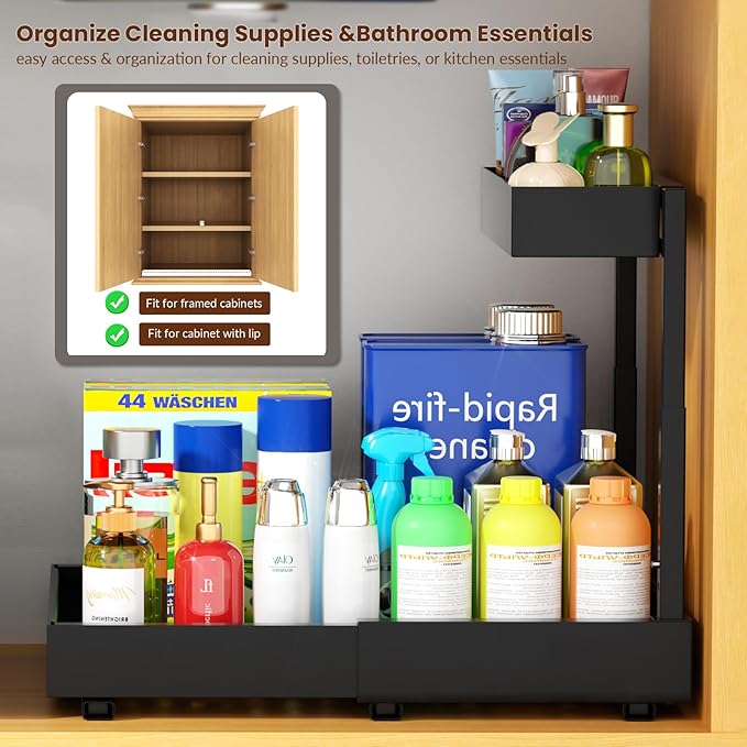 Under Sink Organizer Pull Out, 2 Tier Expandable Under Sink Storage for Kitchen & Bathroom, Adjustable Height (14.4"-18.5") Width (12.2"-20.5"), Heavy Duty 3-Slide Rail System, Black