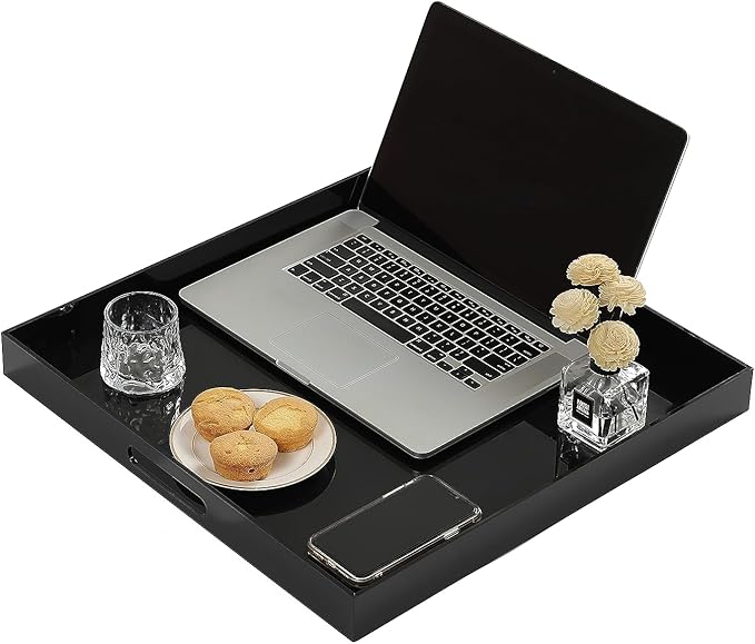 BEYLANG Glossy Black Sturdy Acrylic Serving Tray with Handles-24x24Inch-Serving Coffee,Appetizer,Breakfast,Butler-Kitchen Countertop Tray-Makeup Drawer Organizer-Vanity Table,Ottoman Tray-Decorative