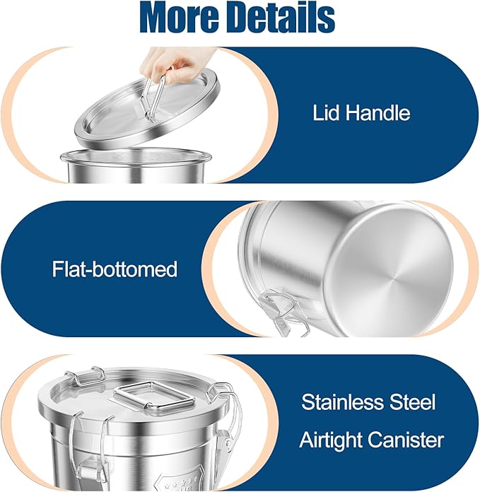 3.17Gal/12L Stainless Steel Airtight Canister, Airtight Food Storage Container with Lid and Lock Clips, 304 Stainless Steel Bucket for Rice, Flour, Grain, Coffee Bean
