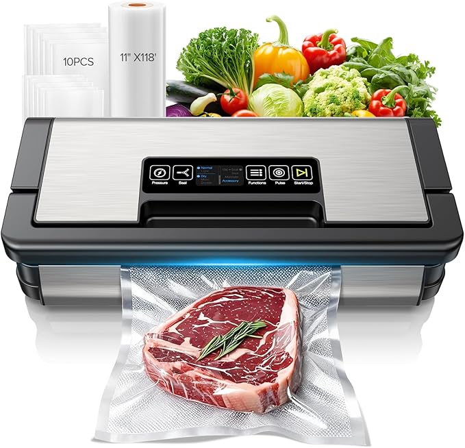 95kPa Vacuum Sealer Machine, Fully Automatic Food Sealer, Touch Display, 10-in-1 Functions & Powerful Sealing System with Double Heat Seal, Easy-Lock Handle, Built-in Cutter(Black)
