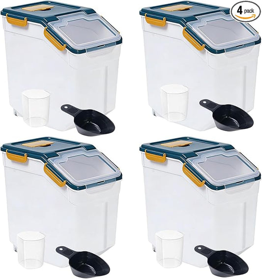 Large Flour Rice Storage Container 25lbs Bin with Measuring Cup & Scoop, BPA Free Rice Dispenser, Cereal & Dog Food Containers, Kitchen Organizer for Dry Beans, Oatmeal and Grains (4-Pack, Dark Blue)