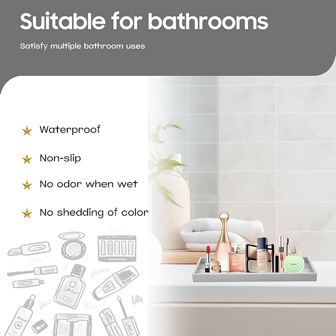 Mriluvy Vanity and Bathroom Tray, 11.8" ABS Countertop Organizer,Waterproof Vanity Tray for Toilet Tank,Perfume,Soap,Keys,Bathroom Accessories,Kitchen and Bath Trays,Non Slip Small Trays,Gray,2 Pack