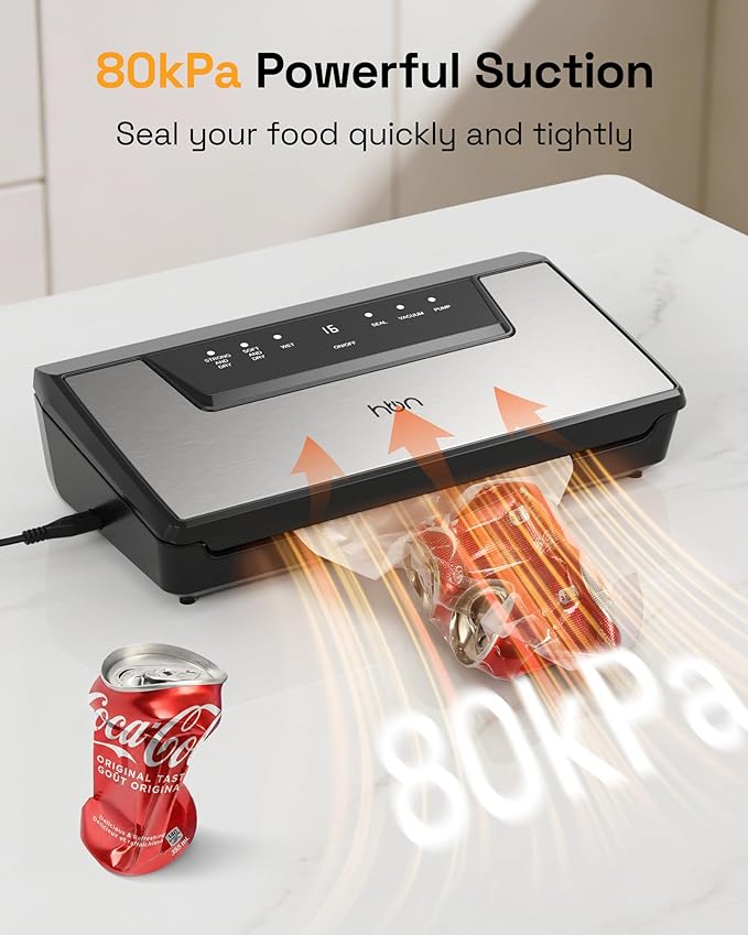 HBN Vacuum Sealer Machine Commercial Automatic Food Vacuum Sealer Built-in Cutter & Bag Storage Countertop Vacuum Sealer with Automatic Hands-Free Lid SUS Stainless Steel 1 Bag Roll & 20 Bags