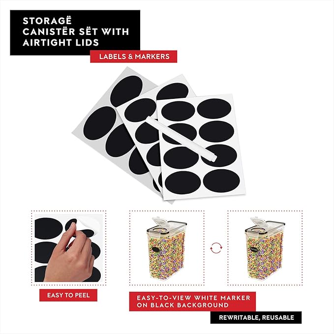 DWËLLZA KITCHEN Cereal Containers Storage 4 Pack 135 fl. oz Cereal Dispenser Airtight Food Storage Containers Pantry Organization and Storage, Canister for Rice Flour & Sugar 1 Marker 8 Labels