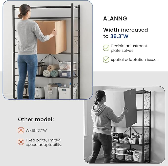 ALANNG 40" W Foldable 5-Tier Storage Shelves with Wheels, Adjustable & Removable Metal Rack, Heavy Duty Rolling Organizer for Kitchen, Garage, Closet, Pantry, and Office (Black,3 Pack)