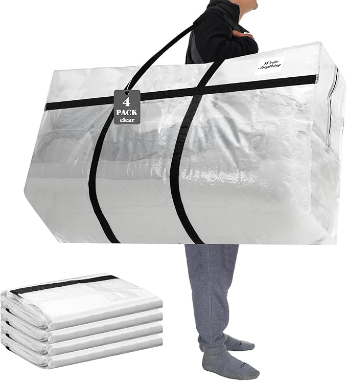 Windyun 4 Pack 69 Gallon Extra Large Moving Bags XXL Heavy Duty Storage Bag with Strong Zipper Handle Jumbo Big Tote Box Foldable for College Dorm Travel Clothes Duffle Blanket Pillow(Transparent)