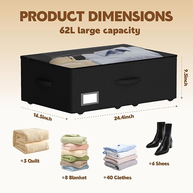 Under Bed Storage with Wheels, 2-Pack Under Bed Storage Containers, No Assemble Required 10 inches Height, Rolling underbed storage Drawers, Underbed Storage Bins for Shoes, Clothes, Blankets, Toys