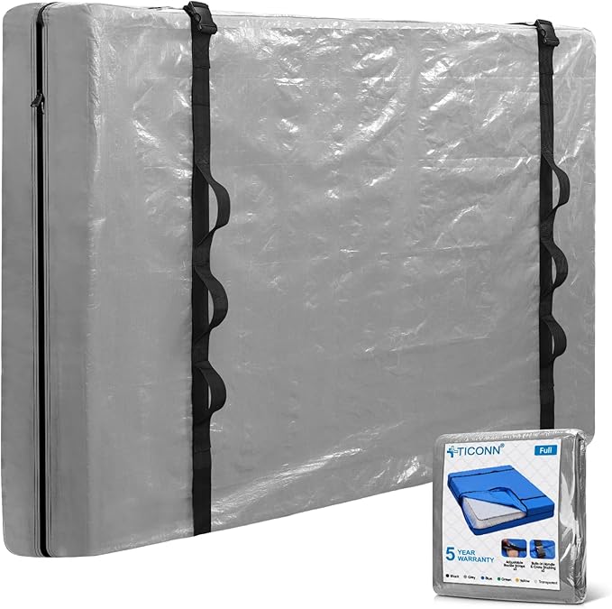 TICONN Mattress Bags for Moving, Heavy Duty Full Mattress Cover Storage Bag with Full-Around Handle and Adjustable Buckles (Gray, Full)
