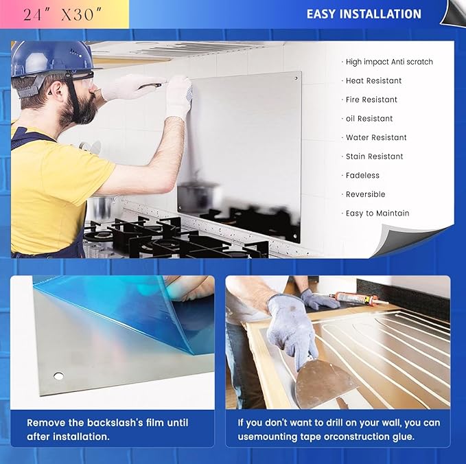 Stainless Steel Backsplash for Stove 24"x30" Stove Backsplash Protector for Wall Metal Range Splash for Kitchen Wall with Screw Included（0.05" Thick)