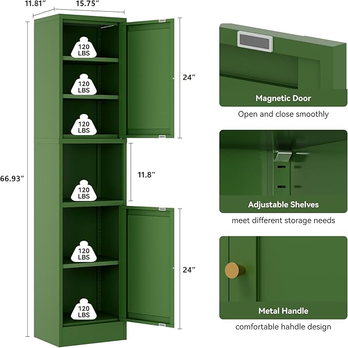 YAUWOH 2-Door Metal Storage Cabinet, Tall Slim Pantry Organizer with 3 Adjustable Shelves (120LBS/Shelf), Anti-Tipping Waterproof Cabinet for Bathroom/Kitchen/Home Office/Small Spaces,(1PC,Green)