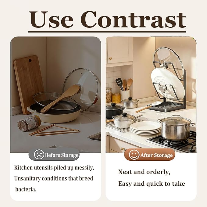 POCONT Kitchen Pot Lid Storage Rack, Carbon Steel Pot Lid Holder with Spoon Rest While Cooking, Multifunctional Kitchen Organizer Stand for Counter Top with Removable Drip Tray