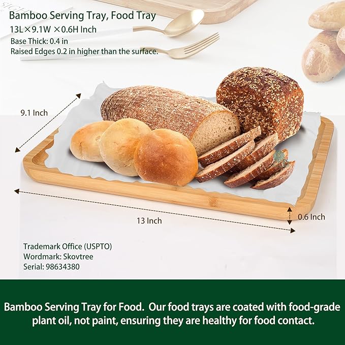 Skovtree Bamboo Tray for Serving Food, Tray for Eating and Serving Coffee, Tea, 13.0×9.1 Inch