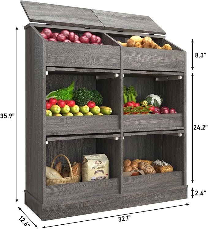 Potato Storage Bin Bread Box with Lid,Rustic Onion&Fruit Organizer with Wood Hidden Door,Farmhouse Grocery Section Decorative,Vegetable Organization Cabinet W/Mesh Door for Kitchen Dining Room(Grey)