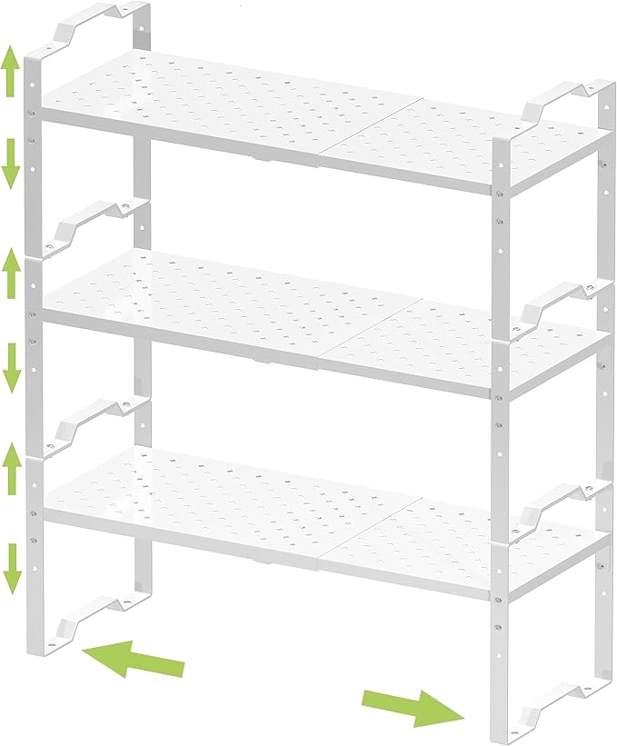 Jojocross Expandable Shelf for Cabinet Organizer Adjustable Stackable Spice Rack at Kitchen and Bathroom More, Counter Countertop Cupboard Organization Pantry Storage(3 Packs/White,Medium)