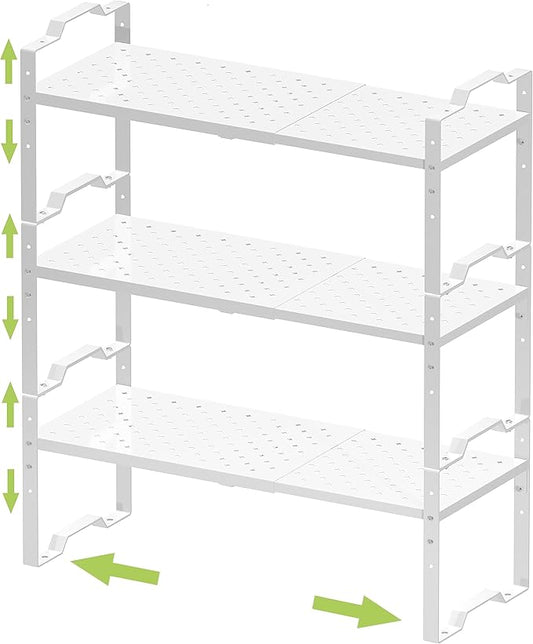 Jojocross Expandable Shelf for Cabinet Organizer Adjustable Stackable Spice Rack at Kitchen and Bathroom More, Counter Countertop Cupboard Organization Pantry Storage(3 Packs/White,Medium)