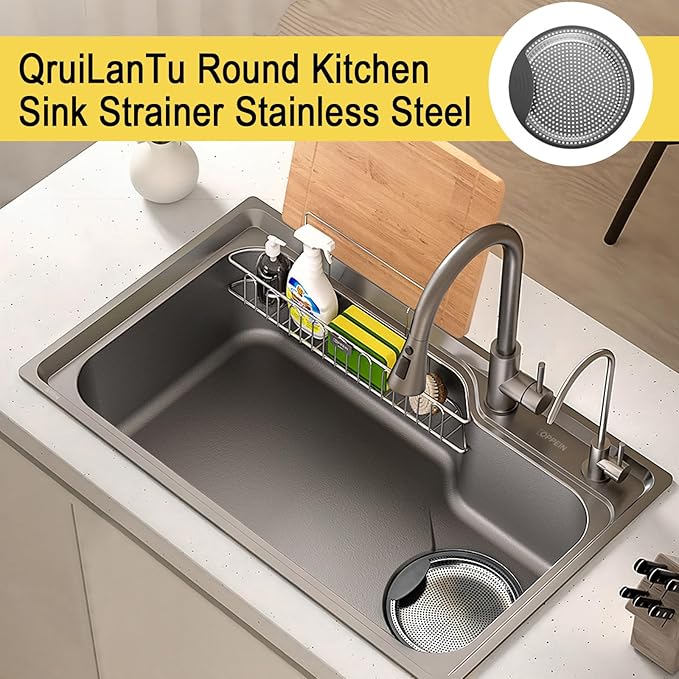 Kitchen Sink Strainer Stainless Steel, Sink Drain Strainer Basket with Handle Suitable for Kitchen Filter Basket Replacement 7.3" Diameter,1.2" Deep（Round）