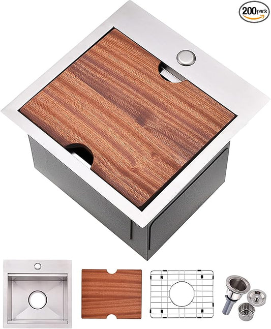 Bar Sink, 15 x 15 Inch Bar Sink Drop In, Stainless Steel Square Topmount Workstation Small Kitchen Sink, Single Bowl Kitchen Sink for Office Laundry Wet Bar Prep RV Outdoor Yard