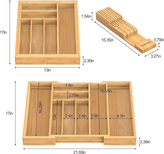 Thalomely Bamboo Kitchen Drawer Organizer, Expandable Silverware Organizer with Removable Knife Block, 6-8 Slots- Utensil Holder & Cutlery Tray Drawer Dividers, 2.36" Deep for Extra Capacity, Natural