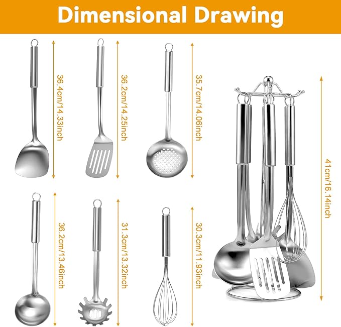 Gymdin Stainless Steel Kitchen Cooking Utensils Set of 7 - Kitchen Utensils with Hanging Rack, Spatula, Slotted Turner, Soup Ladle, Slotted Spoon, Whisk, Pasta Server, Holder, Dishwasher Safe