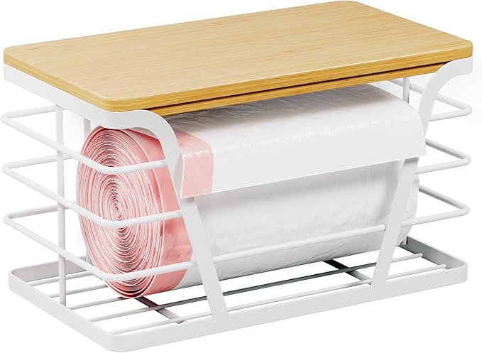 Small Grocery Bag Holder, Trash Bag Dispenser with Removable Bamboo Top, No Drill,White