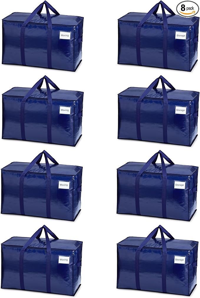VENO 8 Pack Moving Bags, Heavy Duty, Moving Boxes Alternative, Packing Storage Supplies for Dorm Room Essentials with Zipper for Clothes, Extra Large Totes for Packaging (Blue, 8 Pack)