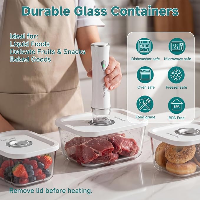 Compact Vacuum Sealer for Food (Vacuum Sealer Machine+3 Glass Vacuum Containers+30 Reusable Vacuum Bags),Powerful Handheld Vacuum Seal Machine,Seal Meal Saver,Portable Food Sealer,Easy-Clean