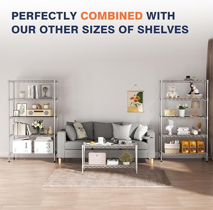 5-Tier Heavy Duty Metal Shelf,Chrome Wire Shelving Unit 35" Wx18 Dx71 H,Height Adjustable Storage Wire Shelves with Lockable Wheels for Garage,Kitchen,Office,Bathroom,Studio