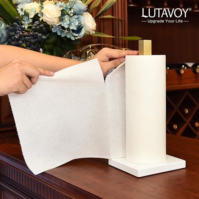 LUTAVOY Paper Towel Holder Kitchen Standing Paper Towel Roll Holder with Marble Base for Bathroom Kitchen Countertop(Gold,White Base KZ20)