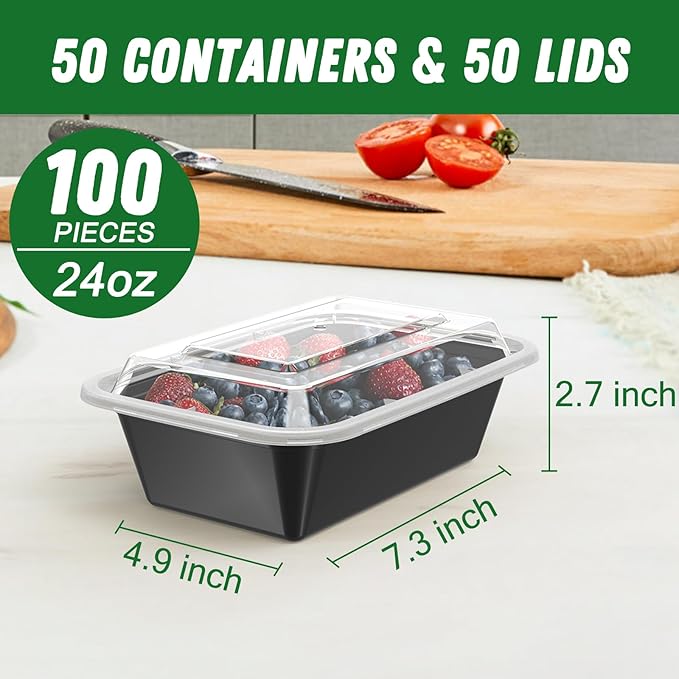 Dealusy 50 Pack (100-Piece) 24 oz Meal Prep Containers Reusable with Lids, Sturdy Leakproof & Food Safe, Microwave, Freezer, Dishwasher Safe Prep Containers, To Go Take Out Plastic Food Storage