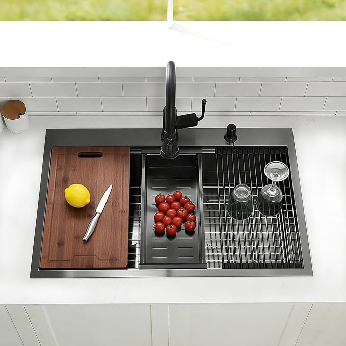 33 Inch Black Kitchen Sink Drop in - 33"x22" Topmount Ledge Workstation Sink 9 Inch Deep 16 Gauge Stainless Steel Single Bowl Sink with Accessories