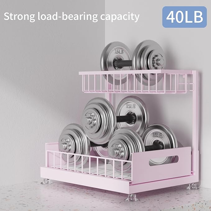 Under Sink Organizer Storage 2-Tier Premium Metal Pull-Out Kitchen Cabinet Organizer with Sliding Drawer, Height Adjustable, Heavy Duty for Kitchen & Bathroom Organizers 2 Pack Pink