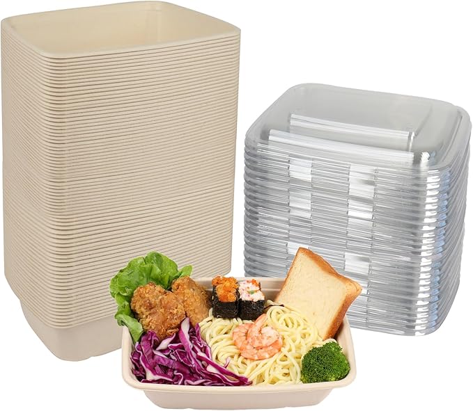 JAYEEY 40 oz Rectangle Disposable salad bowls with lids, Sugarcane Fibers Bowls take away food containers Plant Fibers Freezer Safe 50 Pack