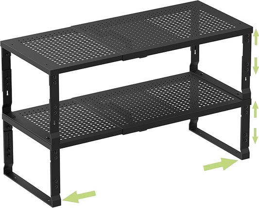 Zilvando Heavy-Duty Adjustable Metal Shelf Organizer - Expandable & Stackable Pantry Storage Rack for Kitchen, Bathroom, RV, Cabinets(2 Packs/Black, Medium)