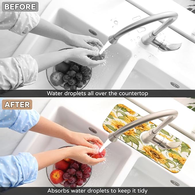 Sunflower Field Kitchen Faucet Mat Splash Guard, 15.4”x5.7” Absorbent Quick Drying Sink Mat for Countertop Protection, Draining Mat Sink Protectors For Kitchen Bathroom, 1 Pack