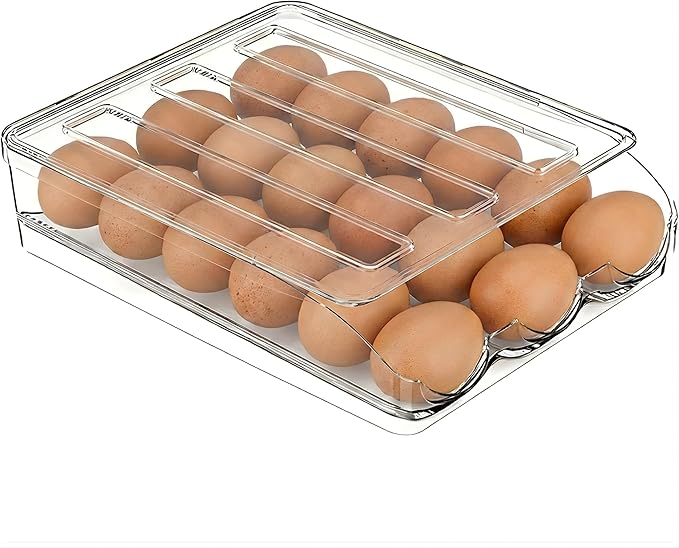Egg Holder for Fridge, Automatic Rolling Egg Organizer, Clear Plastic Stackable Egg Container with Lid, Space-Saving Refrigerator Egg Dispenser Tray, 2-Tier Design