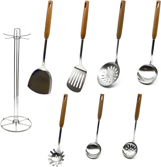 Hommony Cooking Utensils Set, 8-Piece 304 Stainless Steel Kitchen Tool Sets with Holder, Wooden Handle Heat Resistant Kitchen Cookware Set, Gadgets Tools Set Gift