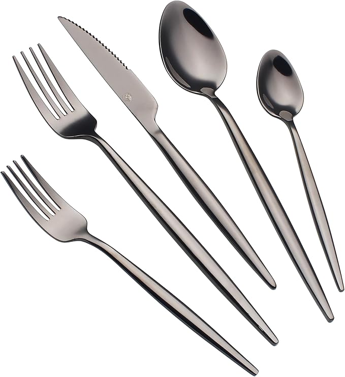 CHAAMFORGE 20 Piece Luxury Silverware Set for 4 Black Mirror-Polished 18/10 Stainless Steel Heavy Flatware Set Modern Cutlery Set Knife/Fork/Spoon with Gifts for Home & Restaurant