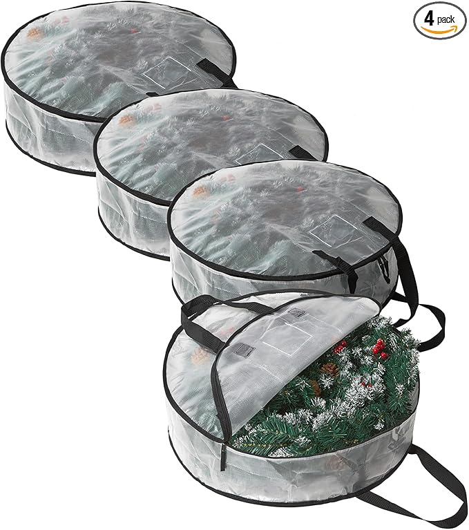 4 Pack Wreath Storage Bag, Summer, Christmas Decoration Garland Container, 24 Inch Clear Door Wreath Organizers, Moving Boxes, Packing Supplies for College