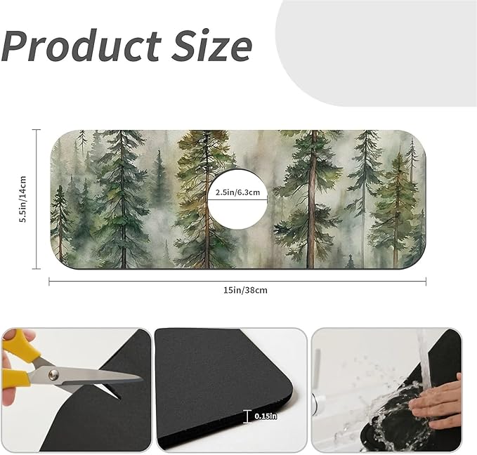 Kitchen Sink Splash Guard，Tall pine trees Faucet Mat Sink Gadgets-Super Absorbent Fast Drying Mat Drip Catcher for Kitchen, Bathroom,Sink Mat, Dish Drying Mat, Bathroom(15" X 5.5" )