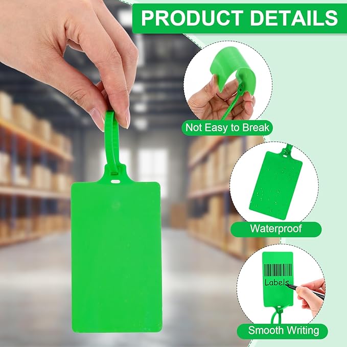 Chunful 500 Pcs Blank Plastic Tags Shipping Tags 3.94"x 2.36" Waterproof Sealing Shipping Labels Bulk Writable Hanging Tag Ties Sealing Strap Reusable Mark Labels for Keys Luggage Logistic (Green)