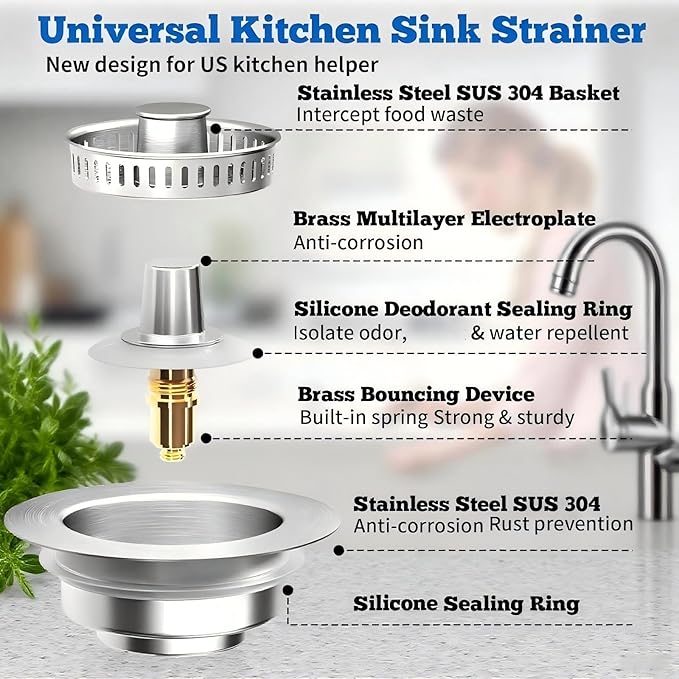 2Count 3-in-1 Kitchen Sink Drain Strainer & Stopper - SUS 304 Stainless Steel Pop Up Plug with Anti-Clog Basket & Odor Prevention, Fits US Standard 3-1/2'' Drain Hole