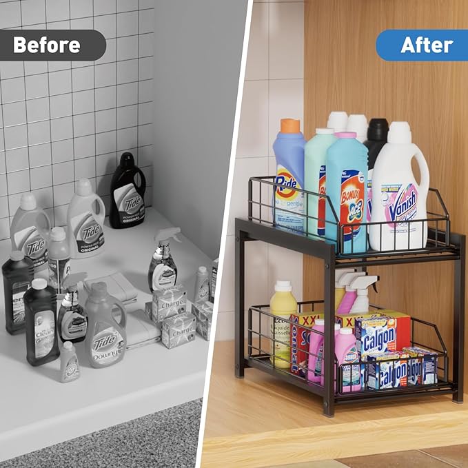 Lxmons 2 Tier Sliding Basket Drawer Organizer, Pull Out Under Sink Cabinets Organizers, Metal Home Shelf for Bathroom or Kitchen, Sliding Countertop or Pantry Storage Shelf, Black