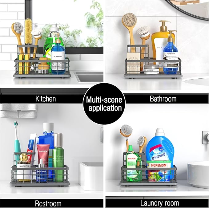 Large Family-Sized Sponge Holder for Kitchen Sink, Sink Caddy Organizer with Brush Holder - Drain-Free Non-Slip Base, Stainless Steel with Rust-Resistant Coating-10.24" L x 6.5" W x 5.83" H