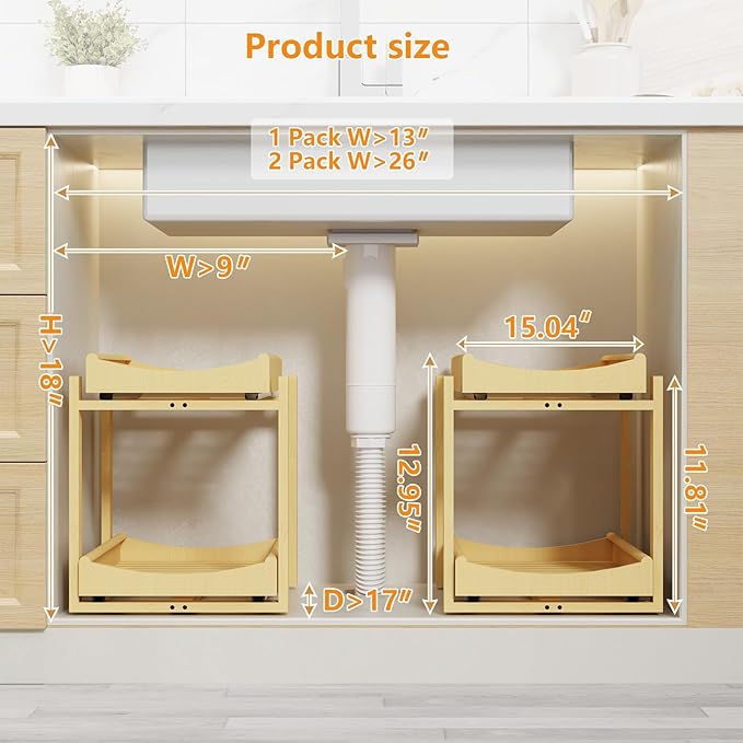 Bamboo Under Sink Organizer Adjustable Height 2 Tier Bathroom Organizer Pull Out Cabinet Storage Kitchen Heave Duty Wood Slide Ou Shelf for Kitchen Bathroom (Nature, 2 Packs)