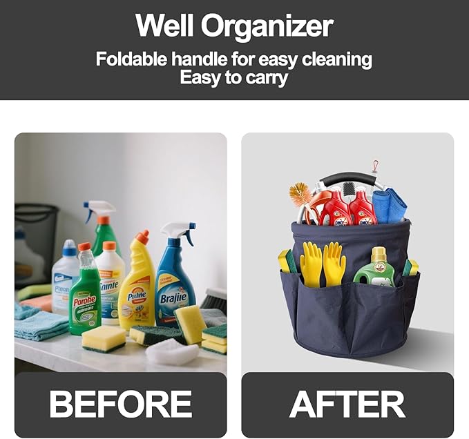 Foldable cleaning caddy basket & Portable cleaning caddy Bucket Cleaning Organizer with Handle and 6 Pockets cubetas para limpieza for Home Garden Camping Storage (Blue)
