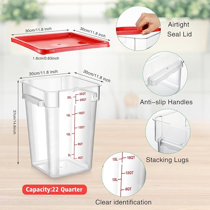 Suclain 2 Pcs Square Food Storage Container Polycarbonate Clear Food Container with Lid Commercial Rice Storage with Graduations for Commercial Kitchen(22 Qt,Red)