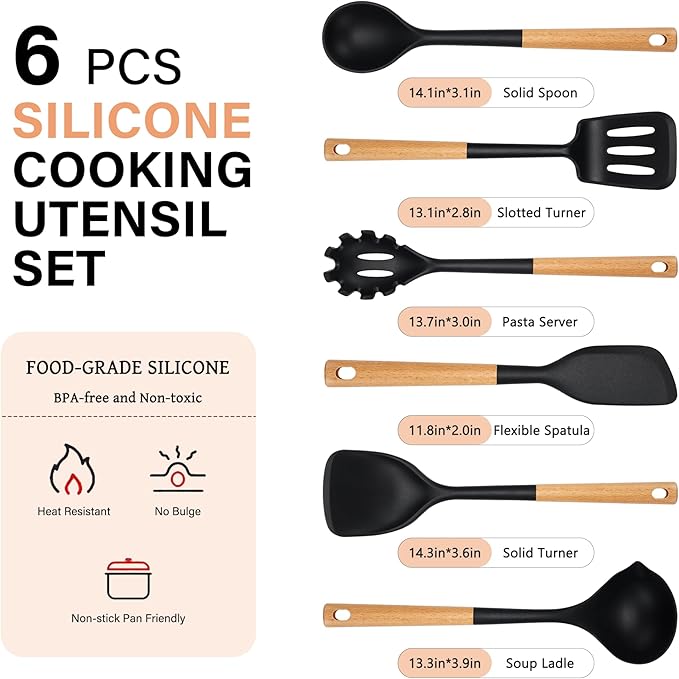Hvygss Silicone Cooking Utensils Set, Heat Resistance Large Kitchen Utensils Set with Long Wooden Handle, BPA-free Silicone Spatula, 6 Pcs Cooking Spoons for Non Stick Frying Pans and Pots（Black）