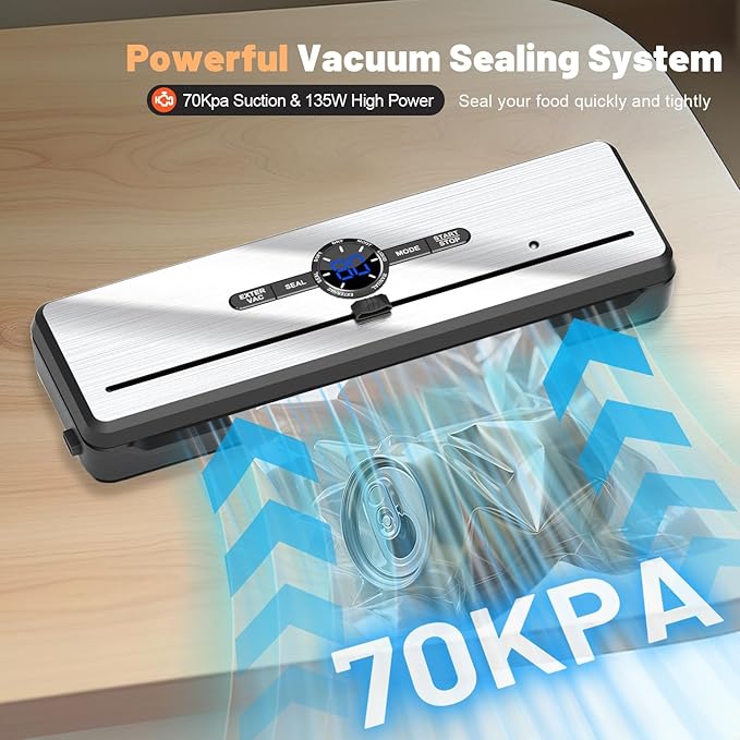 VNIMTI Vacuum Sealer Machine for Food, 70Kpa Vacuum Food Sealer with Dual Heat Seal, Multi-Functional with Moist & Dry Mode, 5 Vacuum Bags, Built-in Cutter, External Vacuum Hose for Jars