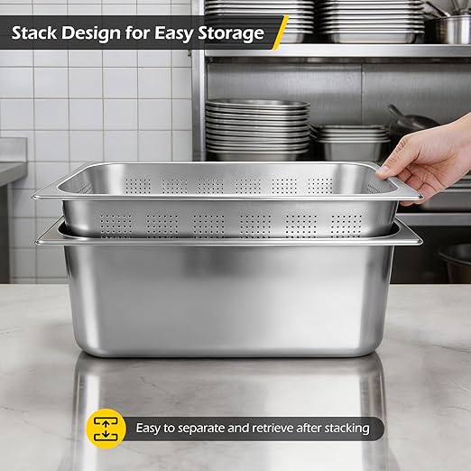 Dyna-Living 3 Pack Full Size 6 Inch, 8 Inch Hotel Pan Perforated Steam Table Pans with Lid Stainless Steel Chafing Dish Pans Commercial Food Pan for Catering Buffet Hotel Home Restaurant Supplies